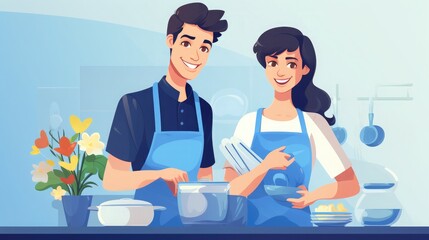 Illustration of two cartoon couple cooking