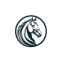 Elegant Horse Logo Illustration in Monochrome Style, Circular Design Featuring a Detailed Horse Head with Flowing Mane