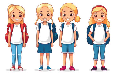 Set of cute schoolgirls with backpacks. illustration in cartoon style.