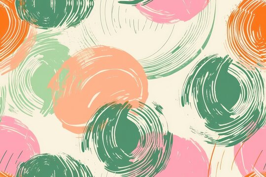 A dynamic composition combining green, pink, and orange colors in an abstract background, complemented by an asymmetrical packaging pattern design in a brush ink style.