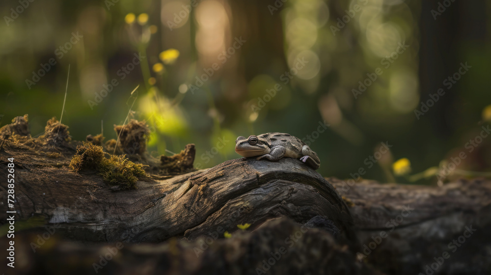 Poster a frog is sitting on top of a log in the middle of a forest with moss growing on it's sides and on t
