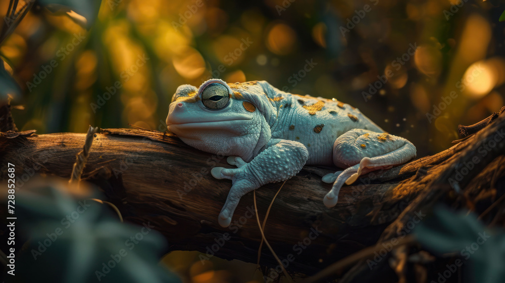 Poster a close up of a frog sitting on a branch in a tree with a blurry background of leaves and a body of 