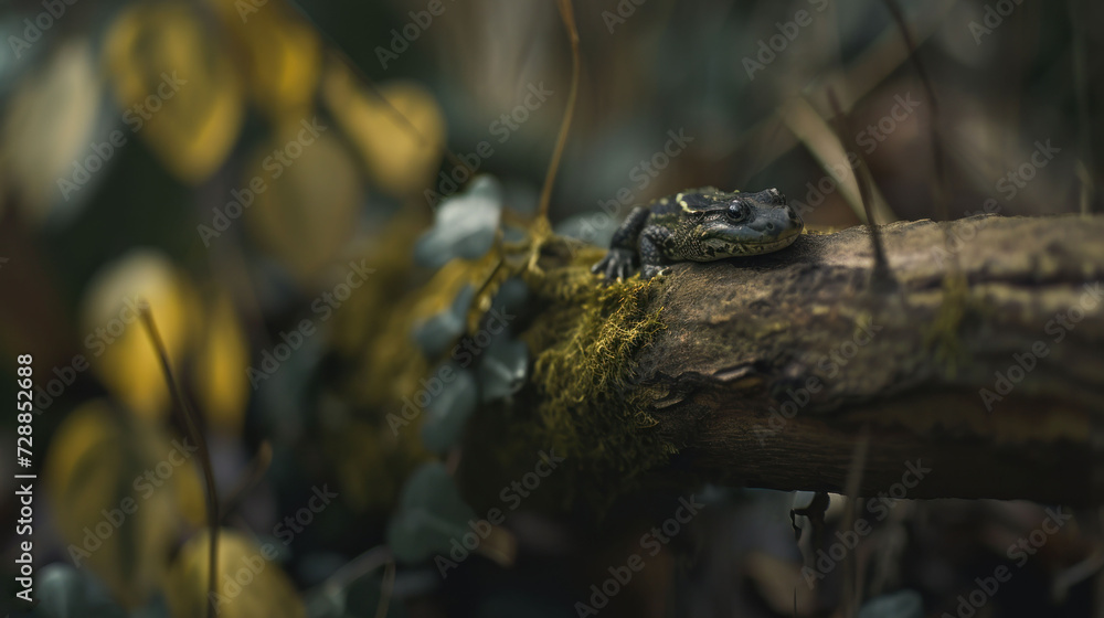 Poster a frog sitting on top of a tree branch in the middle of a forest filled with lots of green and yello