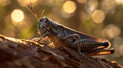  a close up of a grasshopper insect on a tree branch with boke of light shining on the background of a blurry boke of boke of leaves. - obrazy, fototapety, plakaty