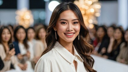 An elegant young Asian woman smiling at a fashion event, with a crowd of people blurred in the background.