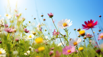 Simple natural wildflower meadow with, among other things, pink cosmea and white chamomile under blue sky - obrazy, fototapety, plakaty