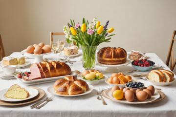 Traditional table setting for Easter celebration with spring flowers, ham, cakes, eggs and fruits