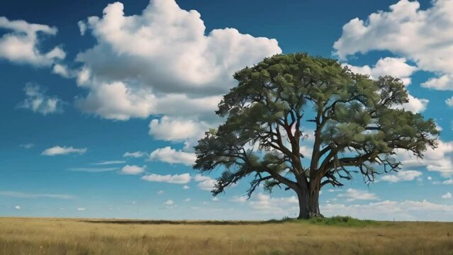 Isolated big old tree under a blue sky with fluffy clouds above with copy space.