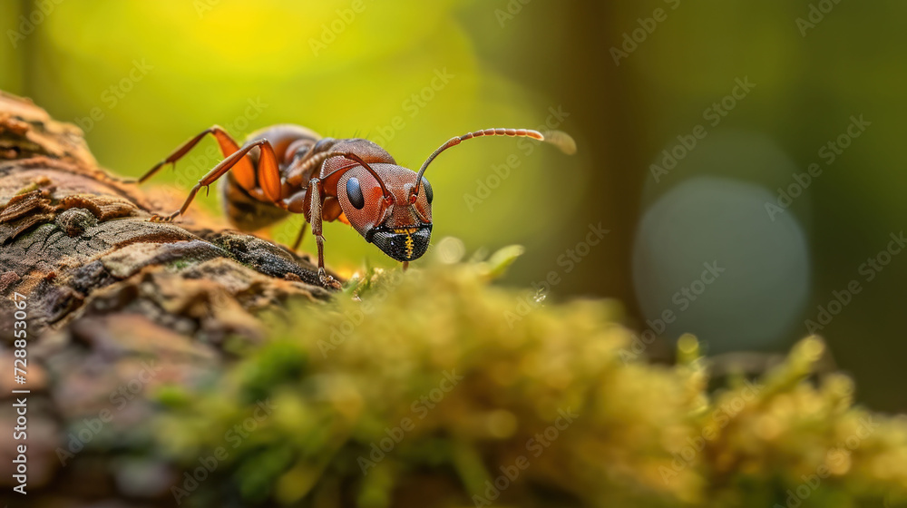 Poster a close up of a small insect on a tree branch with moss growing on it's side and a blurry background