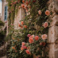 Blooming Roses on Rustic Stone Wall with Vintage Charm