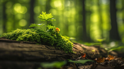  a small plant is growing out of a mossy log in the middle of a forest with leaves on the ground and a bird sitting on the log in the foreground.