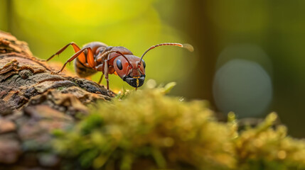  a close up of a small insect on a tree branch with moss growing on it's side and a blurry background of trees and grass in the background.