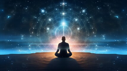 Fototapeta na wymiar Silhouette of human sitting on stars background. Meditation in yoga. Neural network AI generated art