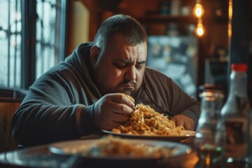 Obese man eating unhealthy fast food - obrazy, fototapety, plakaty
