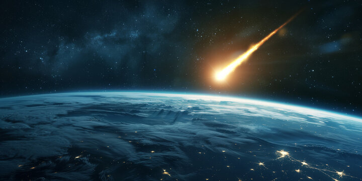 Asteroid entering planet Earth atmosphere before impact, meteor warning from space, comet danger on globe, threat of global disaster
