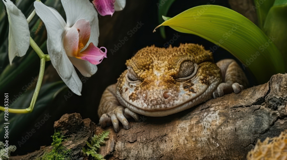 Poster a close up of a lizard on a tree branch with flowers in the background and a tree branch with flower