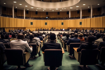  Attendees sit facing a panel in a large auditorium, indicating a formal event like a symposium or a conference, suitable for professional or academic gatherings or a lecture.