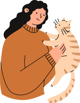Woman is holding a cute cat in her hands. Pet owner. Flat vector illustration.