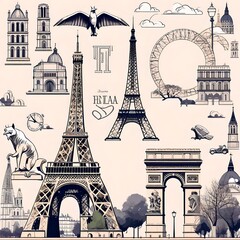 et of landmarks and symbols of Paris, France isolated on transparent white. Eiffel Tower, Notre-Dame, Arc de Triomphe, Sacre Coeur and Gargoyles Chimera statue  - obrazy, fototapety, plakaty