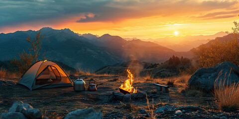 Camp fire and tea pot tent and mountains