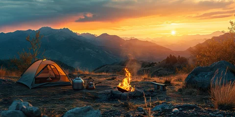 Papier Peint photo Feu Camp fire and tea pot tent and mountains