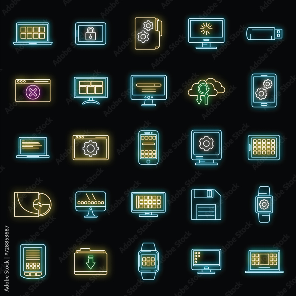 Poster software operating system icons set. outline set of software operating system vector icons neon colo