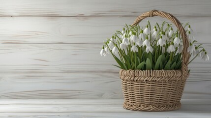 snowdrops delicately arranged in a straw basket, set against a minimalist modern style white wooden background, rendered in ultra-realistic detail to evoke a sense of natural beauty and simplicity.