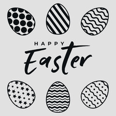 A set of black and white Easter eggs with a pattern. And a congratulatory text on Easter. 3 pieces. Vector on a gray background