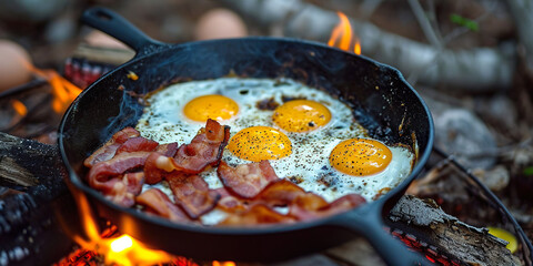 Camping breakfast with bacon and eggs
