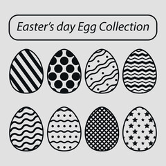 A set of black and white Easter eggs with a pattern. 8 pieces. Vector on a gray background