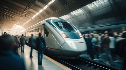 Fototapeta premium photography of a fast train in motion approaching the station full of people in blur
