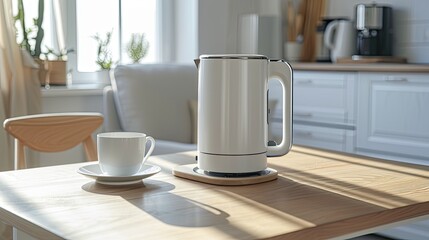 Fototapeta premium a modern electric kettle sitting beside a cup on a wooden table in a light-filled, minimalist kitchen, portraying the marriage of style and utility in contemporary home appliances.
