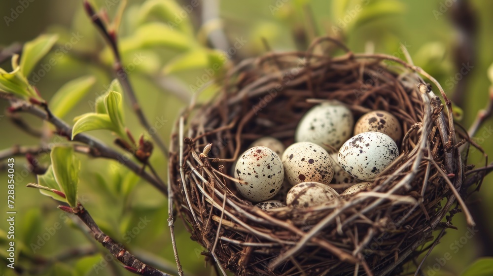 Poster a bird's nest filled with four eggs on top of a green leafy branch in front of a blurry background o
