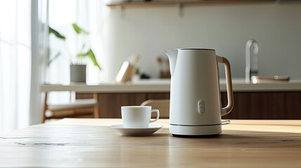 Fototapeta na wymiar a modern electric kettle sitting beside a cup on a wooden table in a light-filled, minimalist kitchen, portraying the marriage of style and utility in contemporary home appliances.