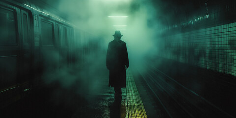 a scene of solitary tension as a man stands as a shadow in the distance, the mist blanketing his form - 728854036