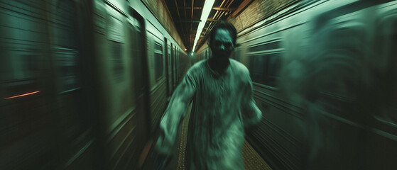 a fictional movie villain in the dark subway tunnels - 728854042