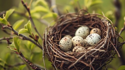 Naklejka na ściany i meble a bird's nest filled with four eggs on top of a green leafy branch in front of a blurry background of a green leafy tree branch.