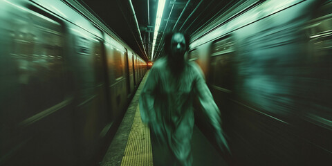 a fictional movie villain in the dark subway tunnels - 728854056