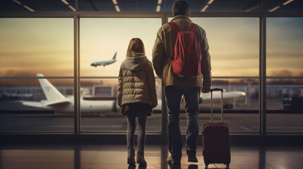 photography of a father and daughter on airport watching airplane takes off - obrazy, fototapety, plakaty