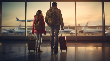 photography of a father and daughter on airport watching airplane takes off