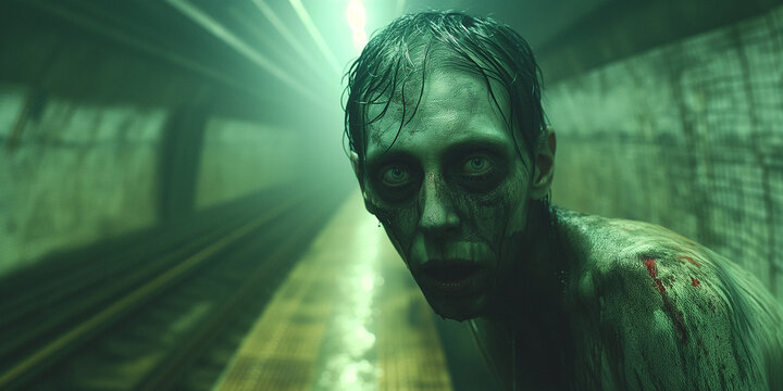 a movie zombie with scary piercing eyes looks at the viewer with an intense and fearsome expression