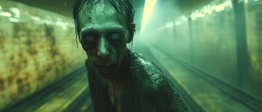 a movie zombie with scary piercing eyes looks at the viewer with an intense and fearsome expression