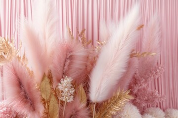 Luxury Pastel Pink and Gold Christmas Background. Festive Decorations with Pampas Grass.