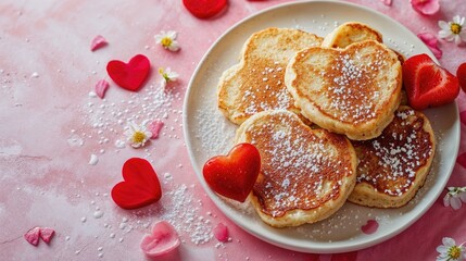 Heart Shaped Pancakes with Strawberries and Powdered Sugar. Delicious Pink Valentine’s Day Background.