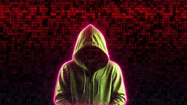 Hacker With Hoodie With Programming Code Animation On Black Background. Hacker Wearing Hoodie Hacking The Computer Programming System. Hacker Attack And Hacked The Computer Security, Hoodie Hacker Wit