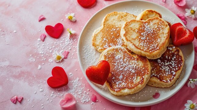 Heart Shaped Pancakes with Strawberries and Powdered Sugar. Delicious Pink Valentine&rsquo;s Day Background.