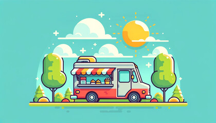 flat vector illustration about food truck in a park. sun and sky with clouds and background city