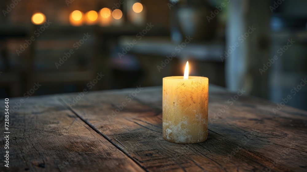 Poster a lit candle on a wooden table in front of a blurry image of a candle on a table in front of a blurr