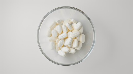 a medicine tablet placed in a glass bowl against a clean white background, accentuate the texture and form of the tablet, evoking a sense of precision and realism in pharmaceutical imagery.