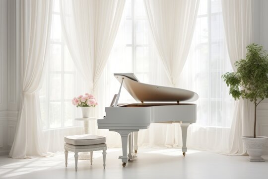 piano in a white room in classic style with a wooden floor, white curtains on the windows and a chair